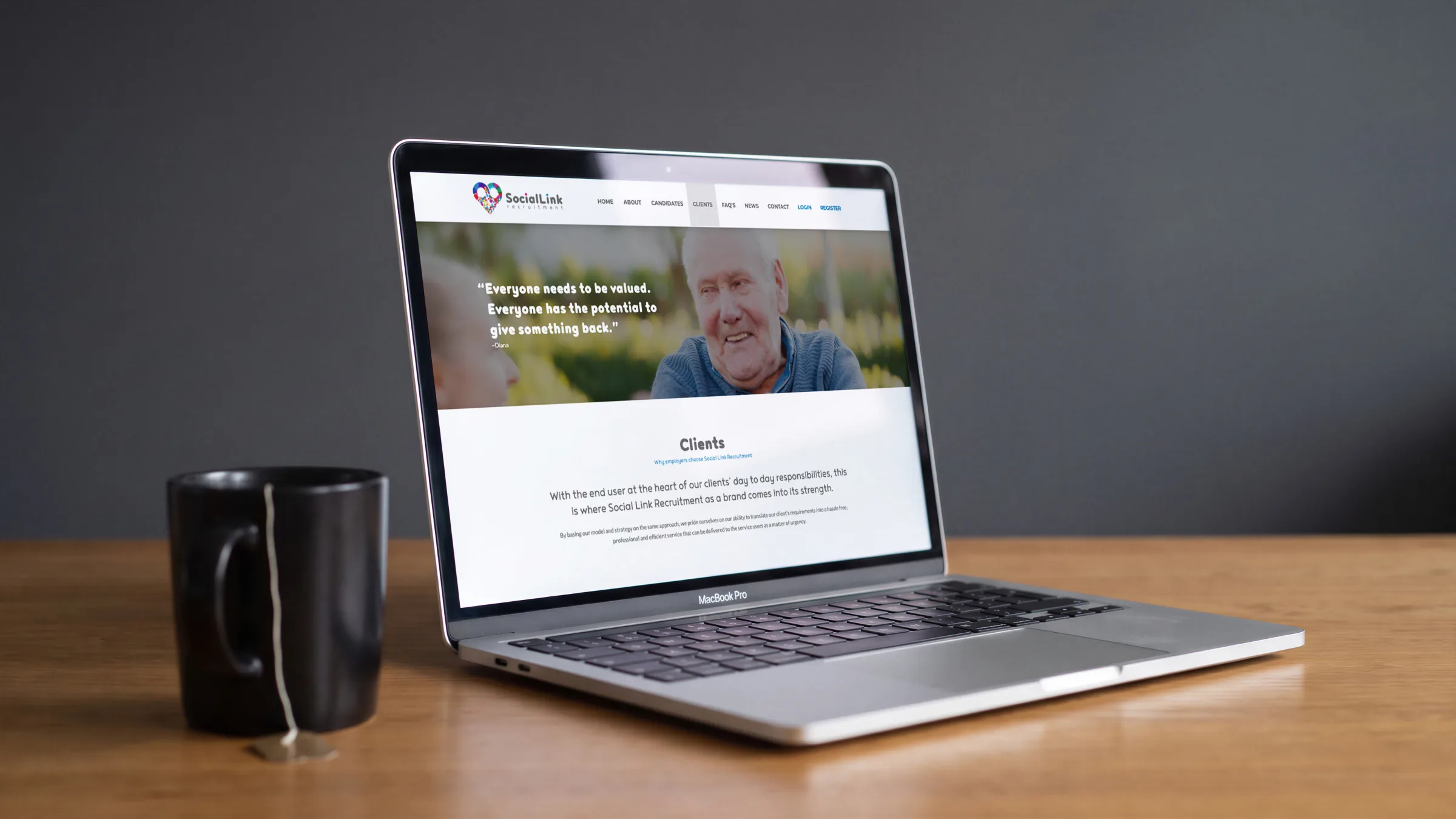 The Clients page on a tablet on a care home's front desk.