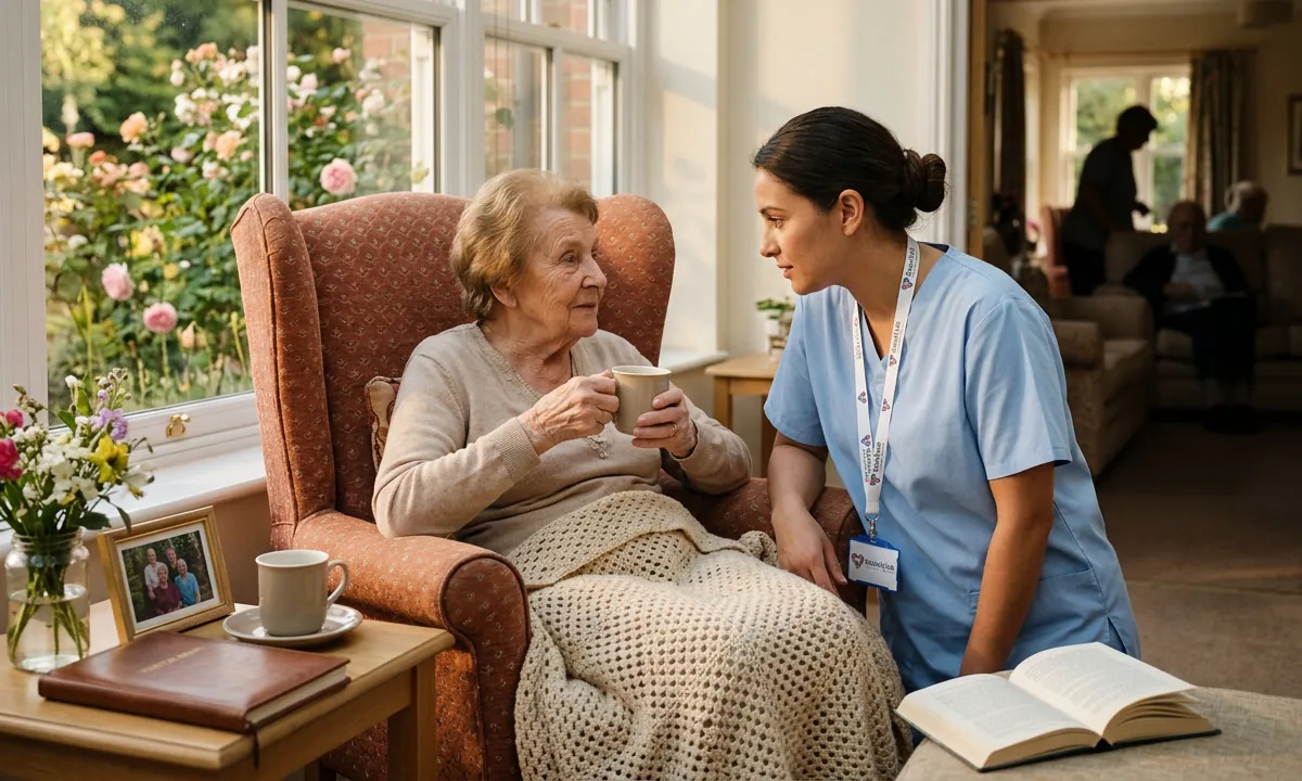 A support worker walking arm in arm with an older woman through a garden.