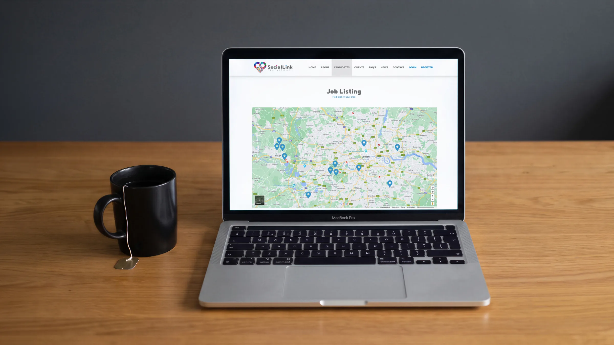 The job listing page on a desktop in an agency office, the map of shift pins across the screen.