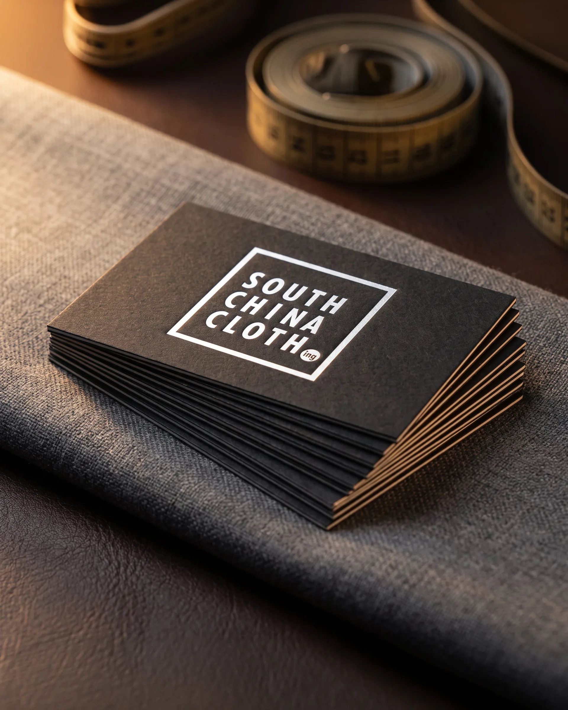 A stack of black business cards, the boxed logo foiled in white, on grey suiting.