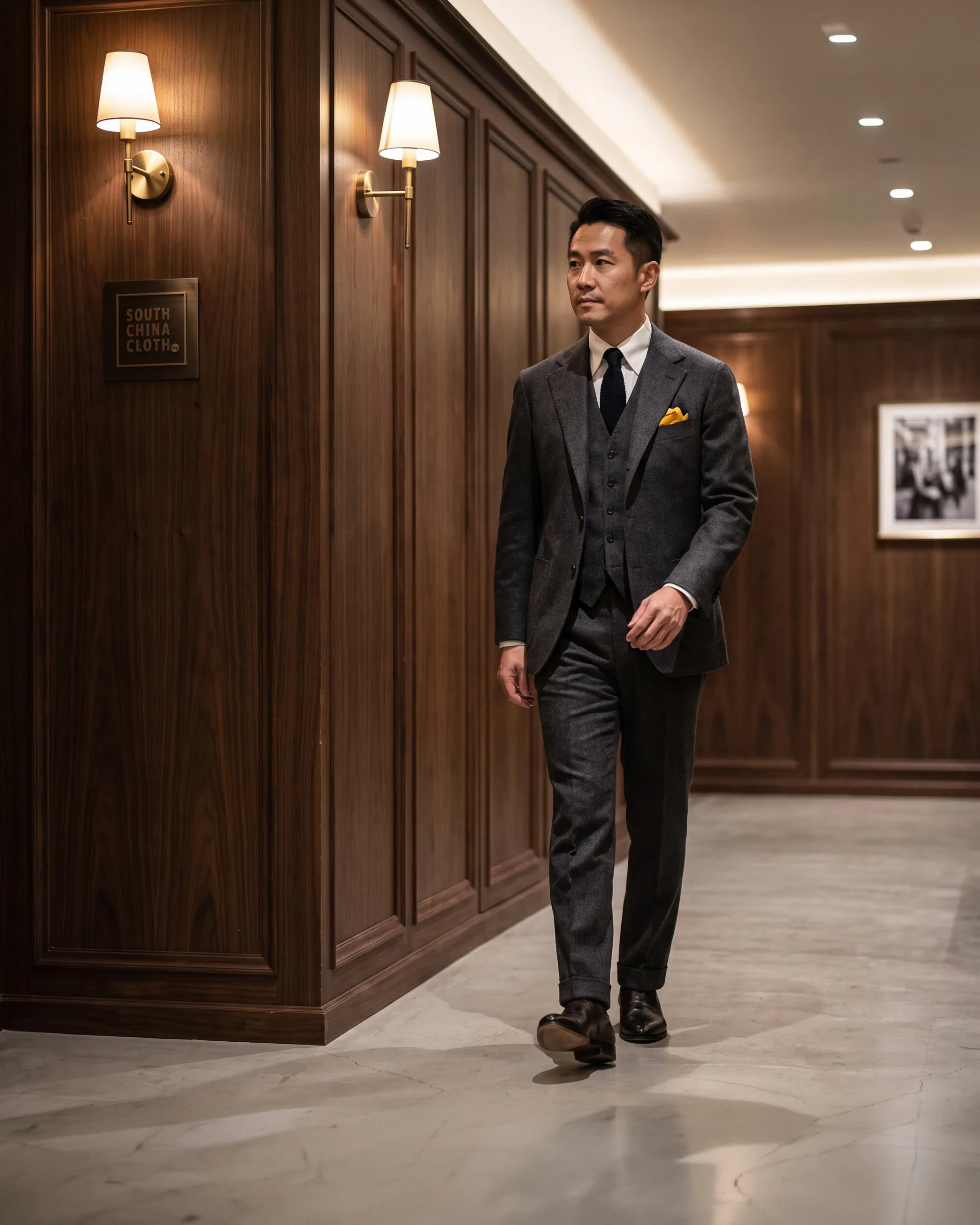 A man in a charcoal three-piece suit passing the logo on a bronze fitting-room plaque.