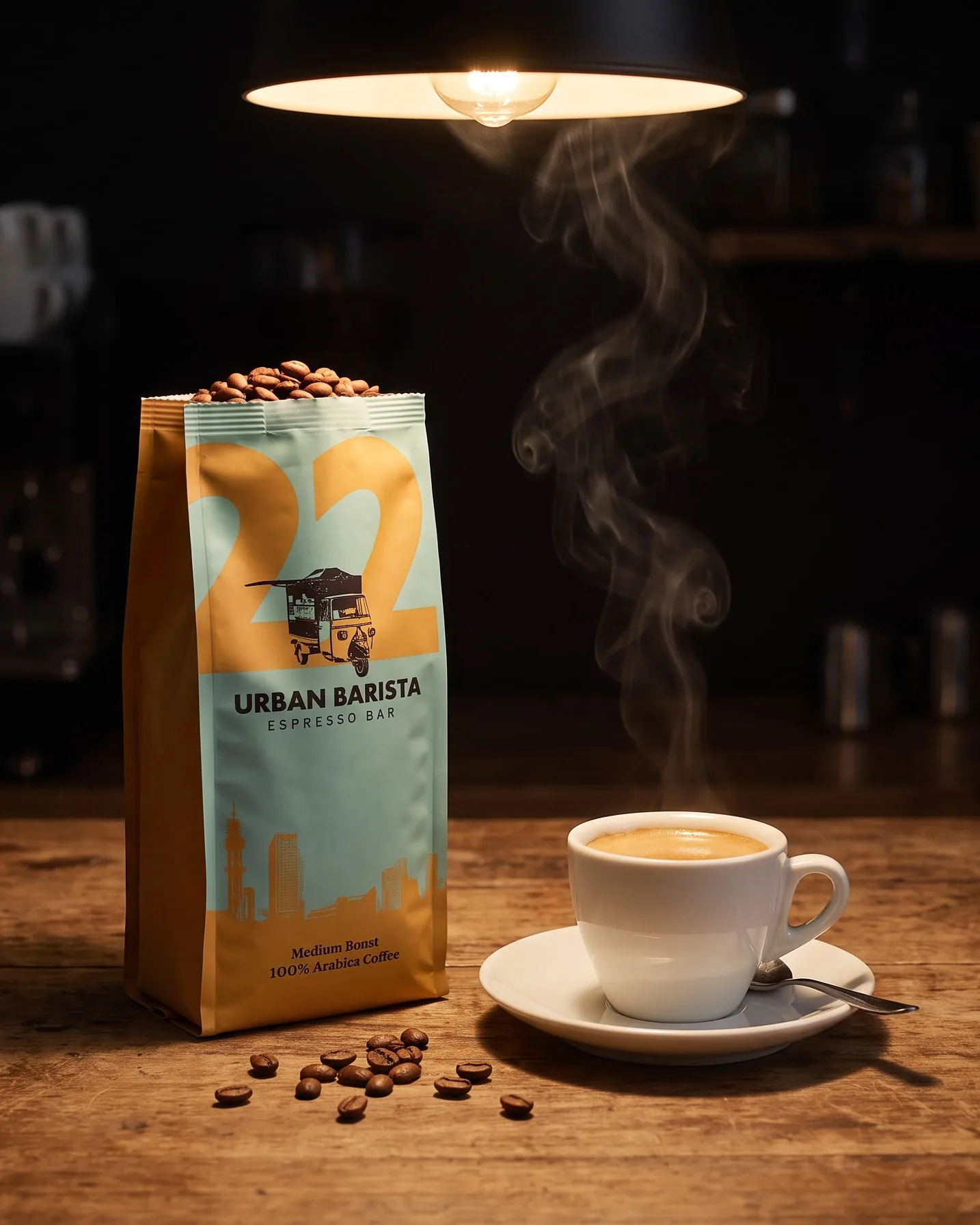 The No. 22 bag open beside a freshly pulled espresso in a white cup.