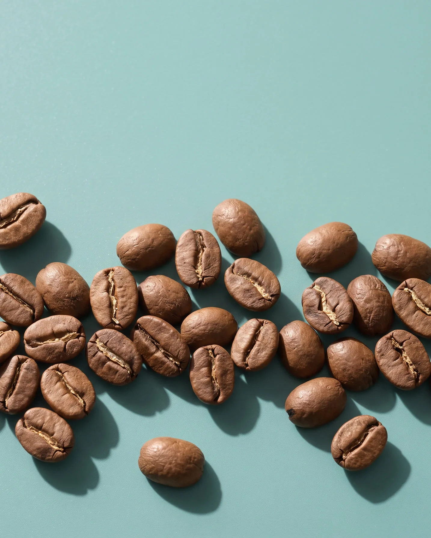 Roasted coffee beans scattered across a duck-egg teal surface.