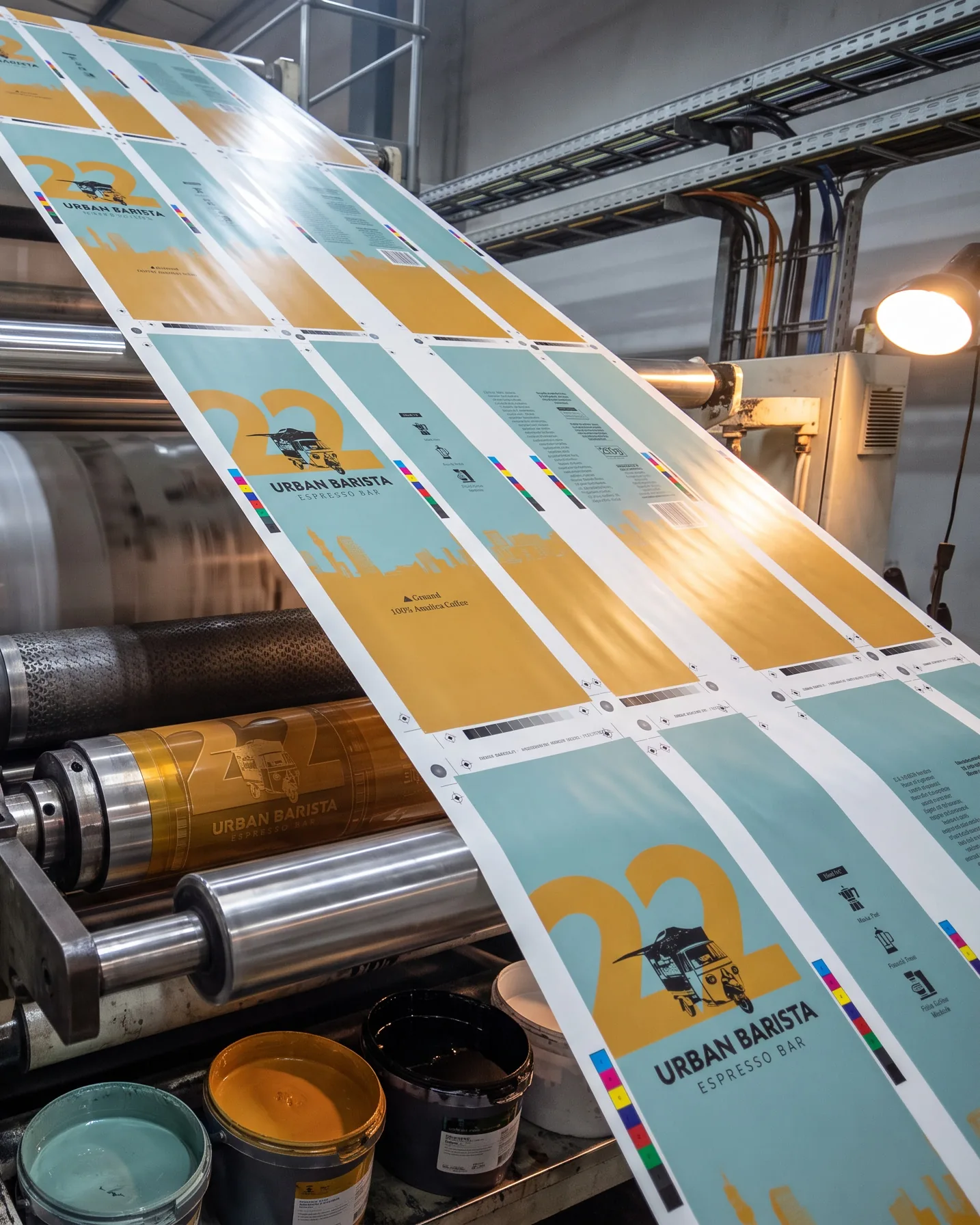 No. 22’s front, back and both gussets repeating along printed film on a press.