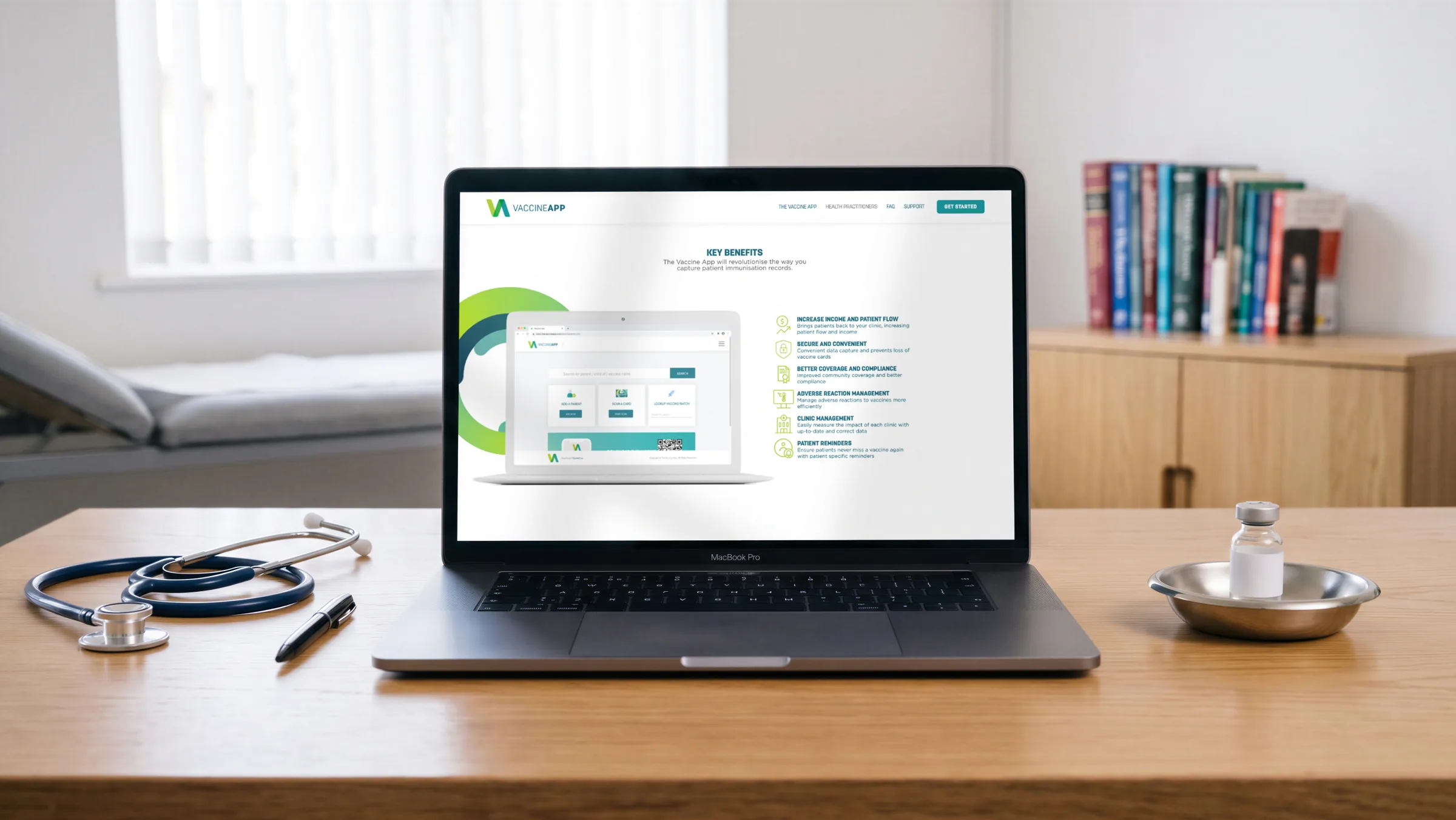 The home page’s app section on a laptop in a consulting room, a doctor examining a child beyond.