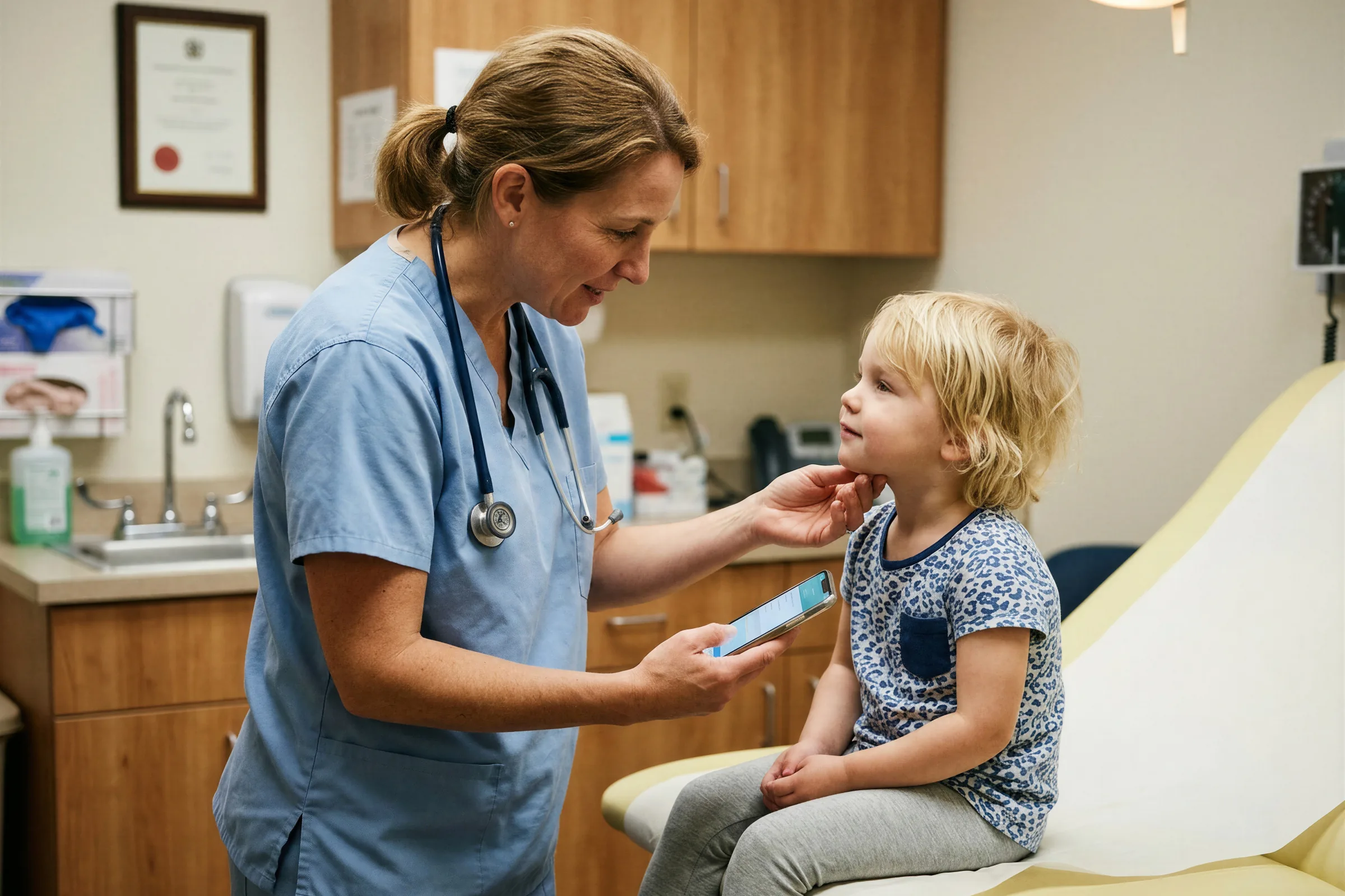 A nurse and a young child in a consulting room during an immunisation appointment.