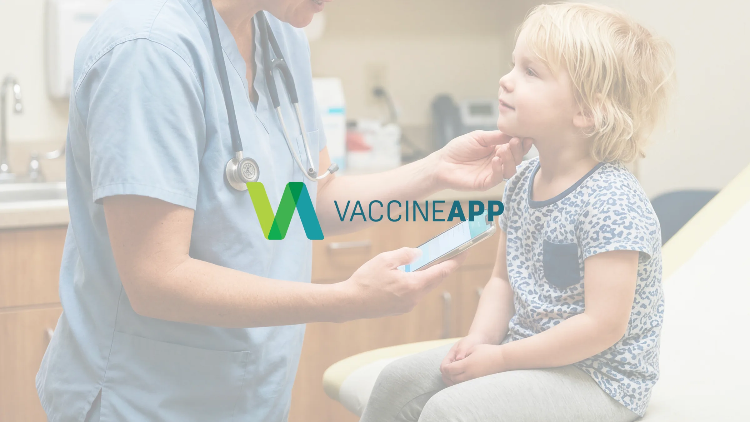 A nurse checking a small child in a consulting room, phone in hand, the logo over it.