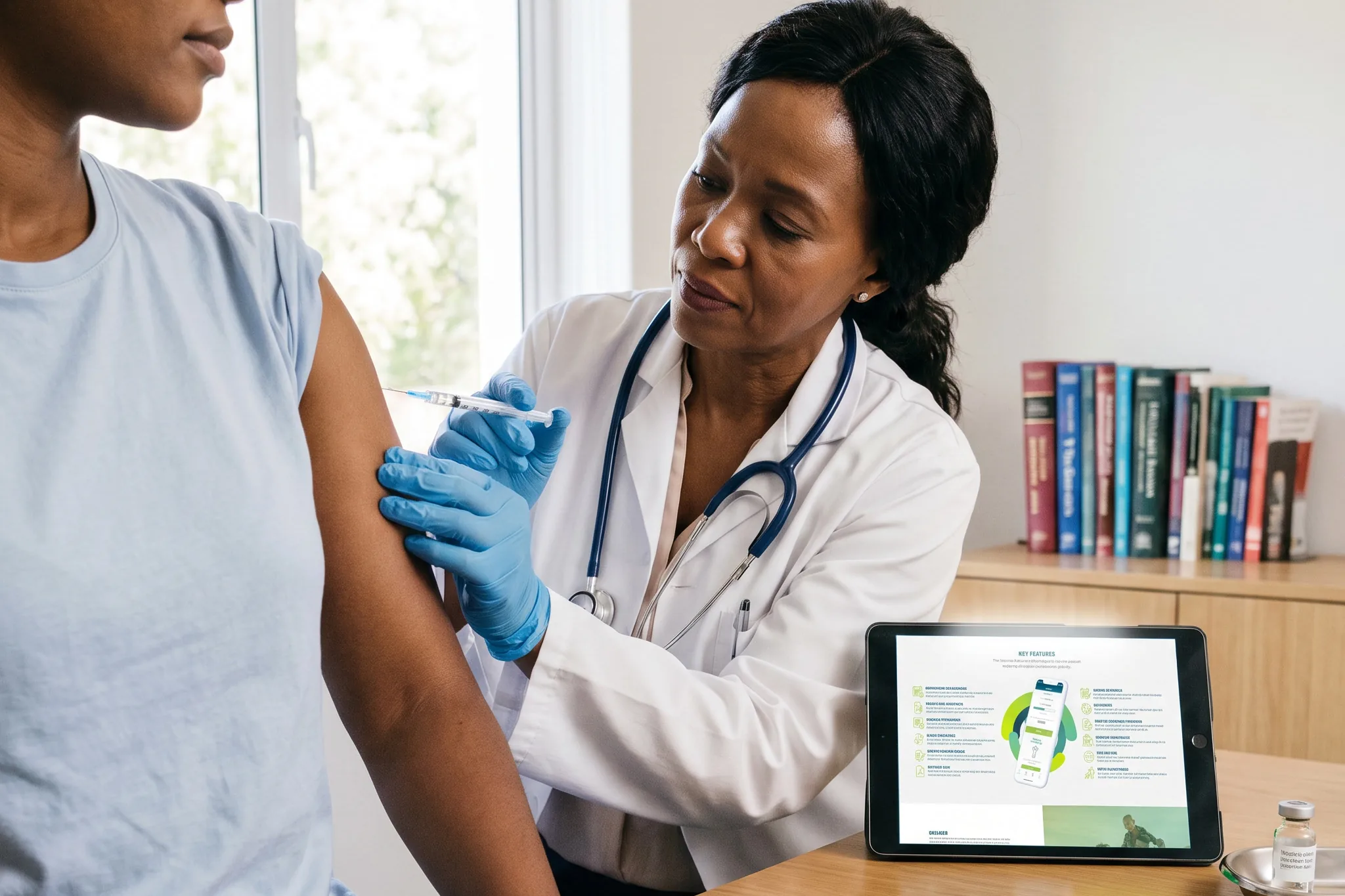 A doctor vaccinating a woman’s arm, the home page’s Key Features open on a tablet on her desk.