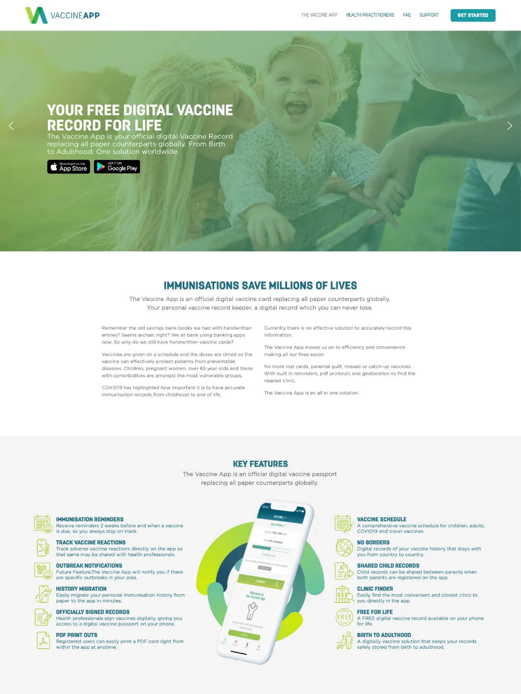 The home page from its top: Your Free Digital Vaccine Record for Life over the store links, Immunisations Save Millions of Lives, then the Key Features around the app.