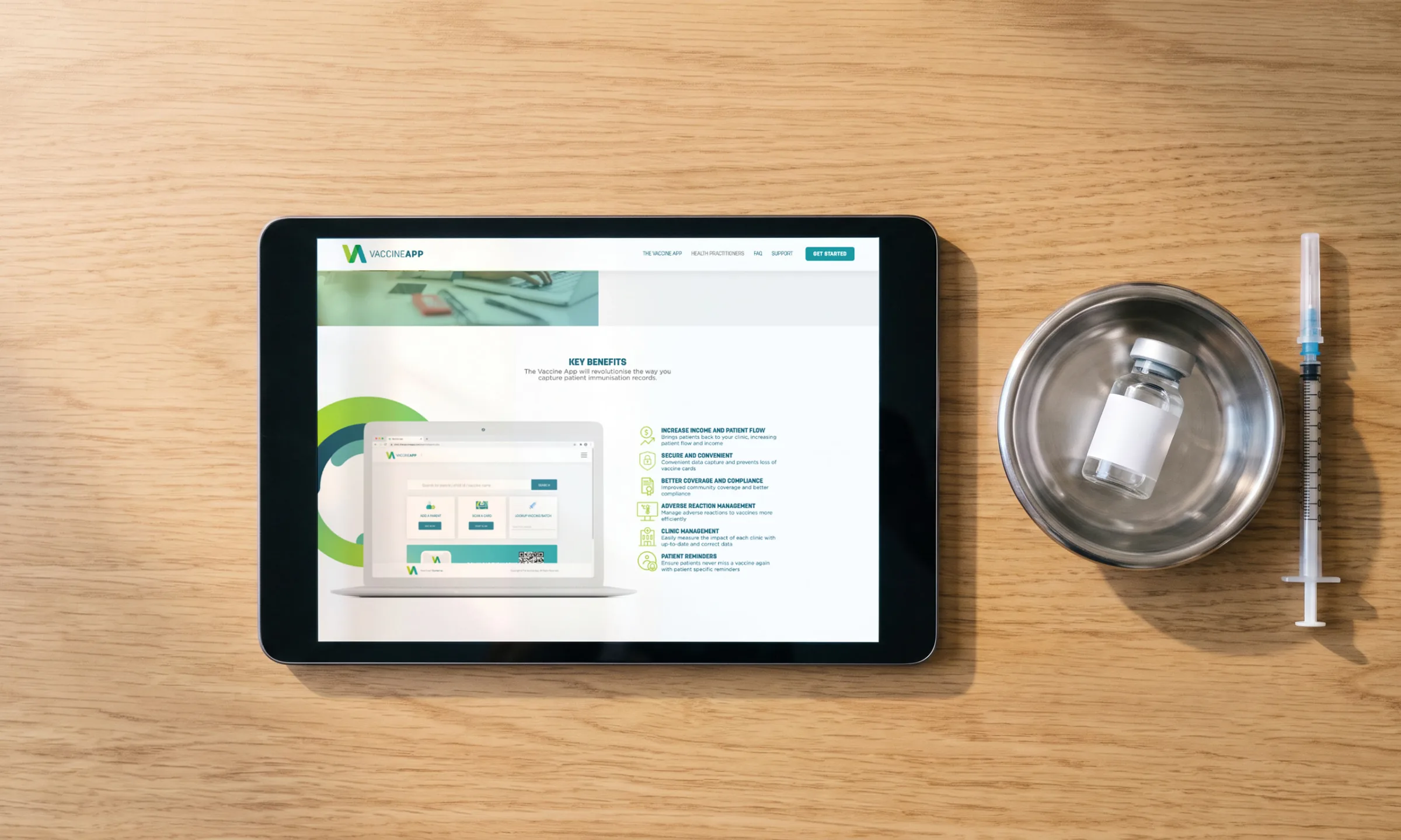 The clinics’ page’s Key Benefits under the site’s header: the clinic software on a laptop beside its six benefits.