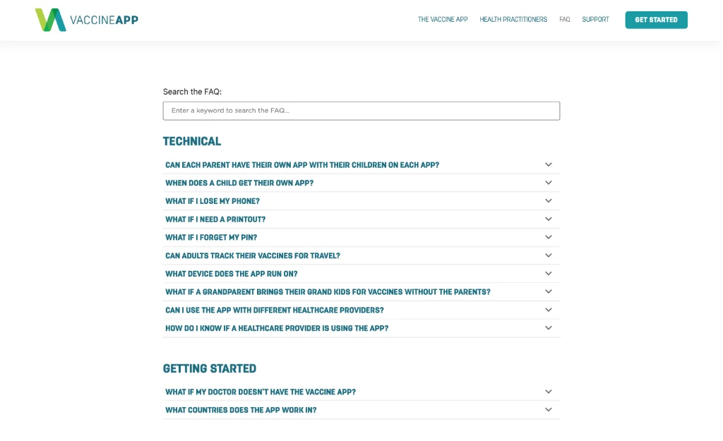 The questions page’s search box and its questions sorted by topic: Technical, Getting Started, Data.