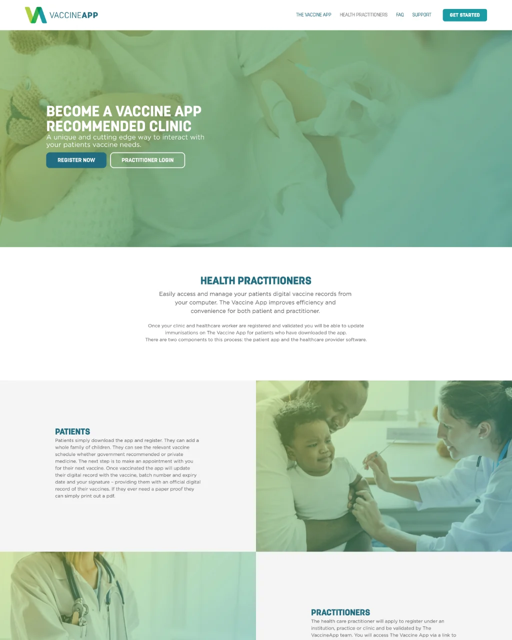 The home page’s Children, Adults and Travel sections, then the app on two phones.