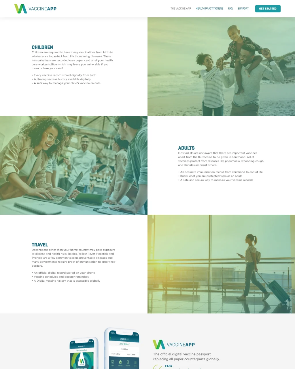 The home page’s Children, Adults and Travel sections, then the app on two phones.