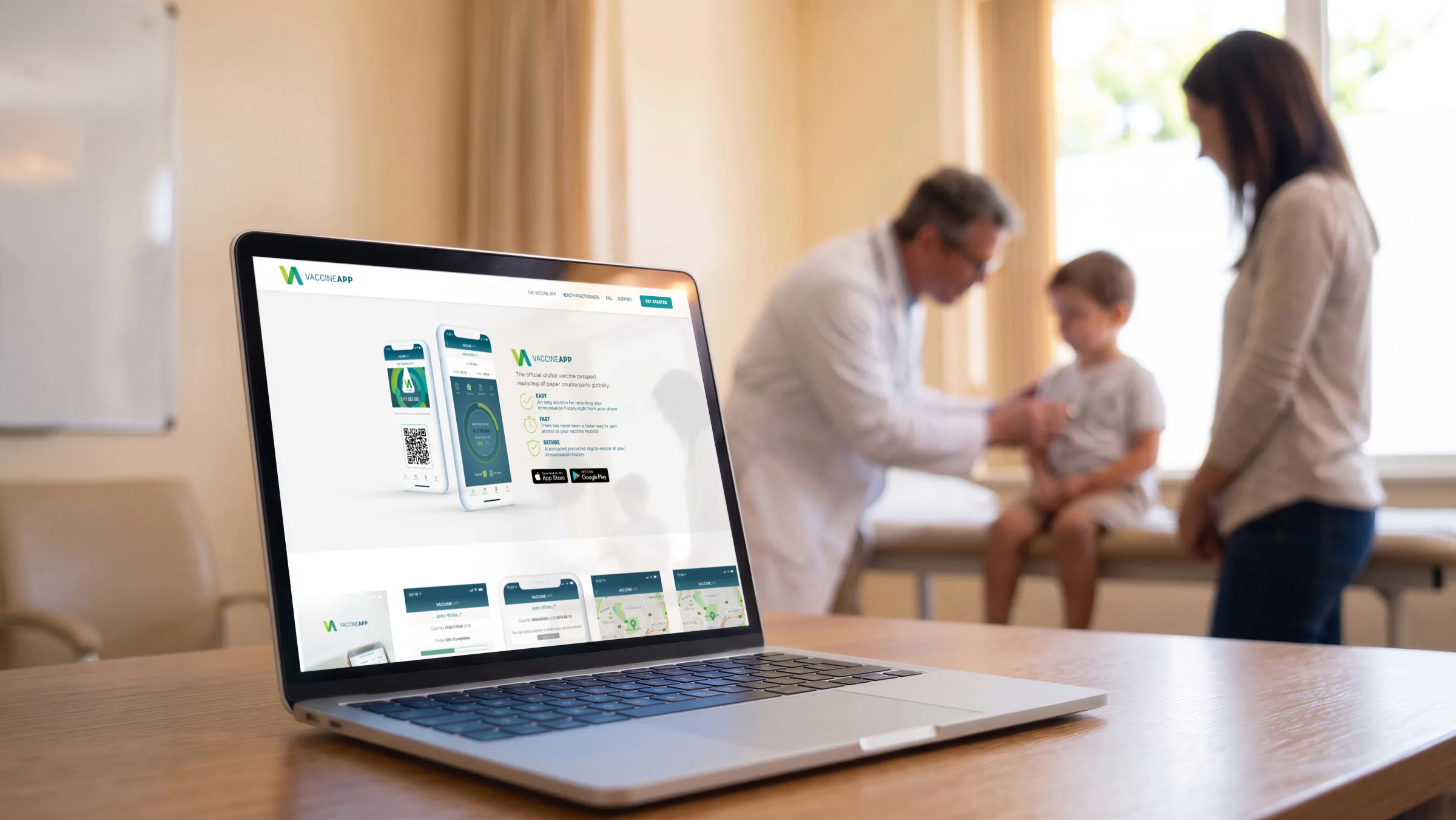 A doctor vaccinating a toddler on a parent’s lap, a paper immunisation card on the desk behind.