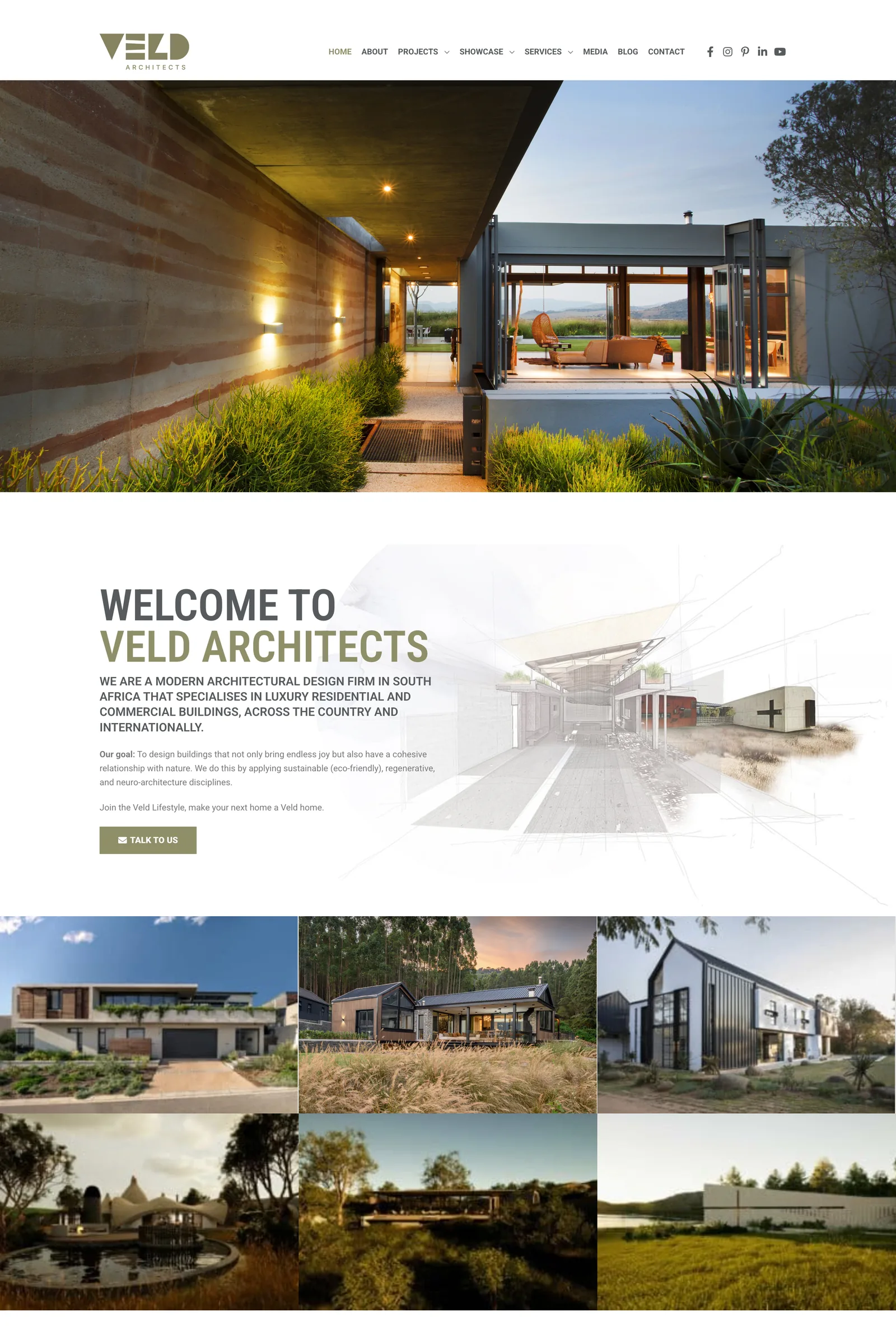 The home page from the top: the aerial photograph of a finished house, then the grid of houses.