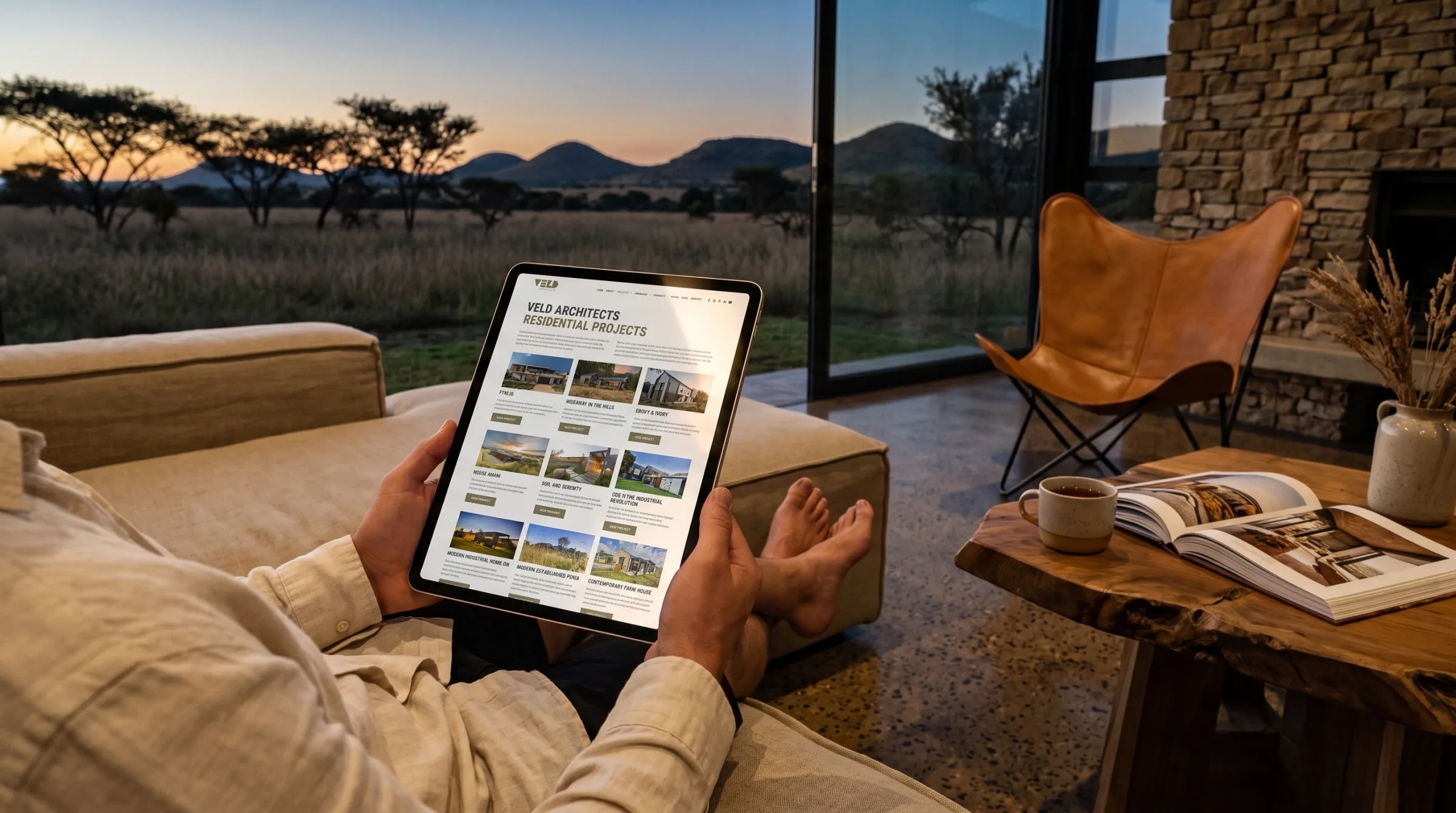 The home page on a phone in a hand: the opening photograph first, the houses below.