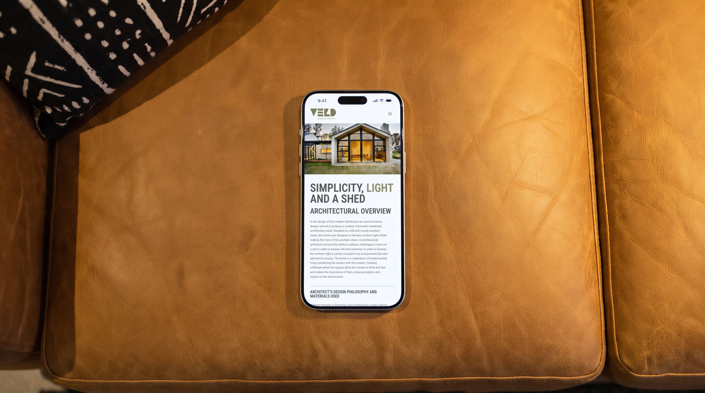 The site on three phones side by side: the home page, the projects page and one house’s page.