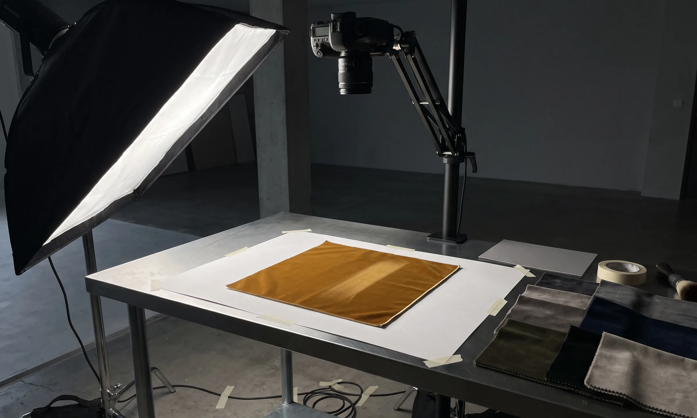 Ochre velvet under a camera on a copy table, the next swatches waiting beside it.
