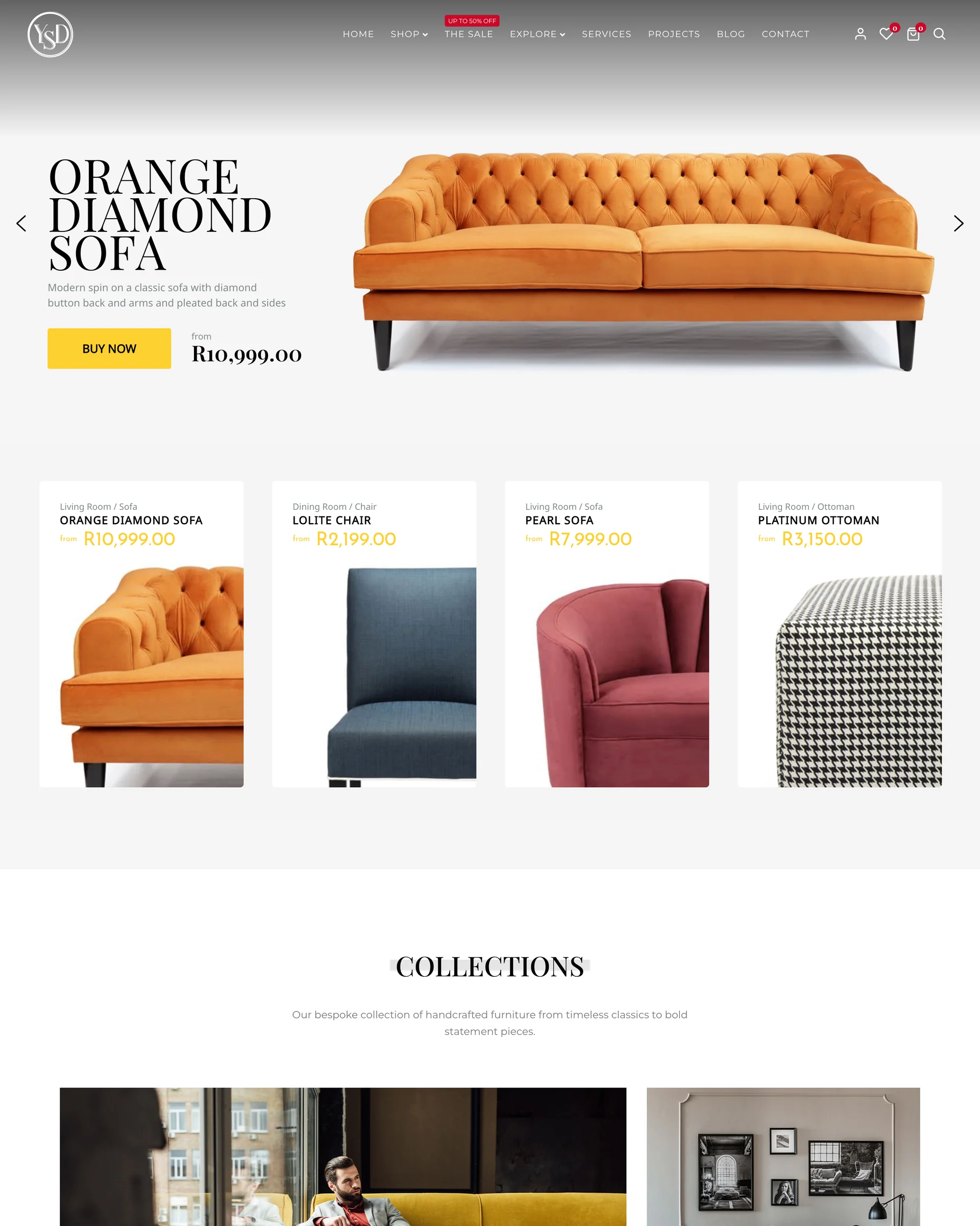 The shop on a phone on marble: sofas on white, yellow View Product buttons.