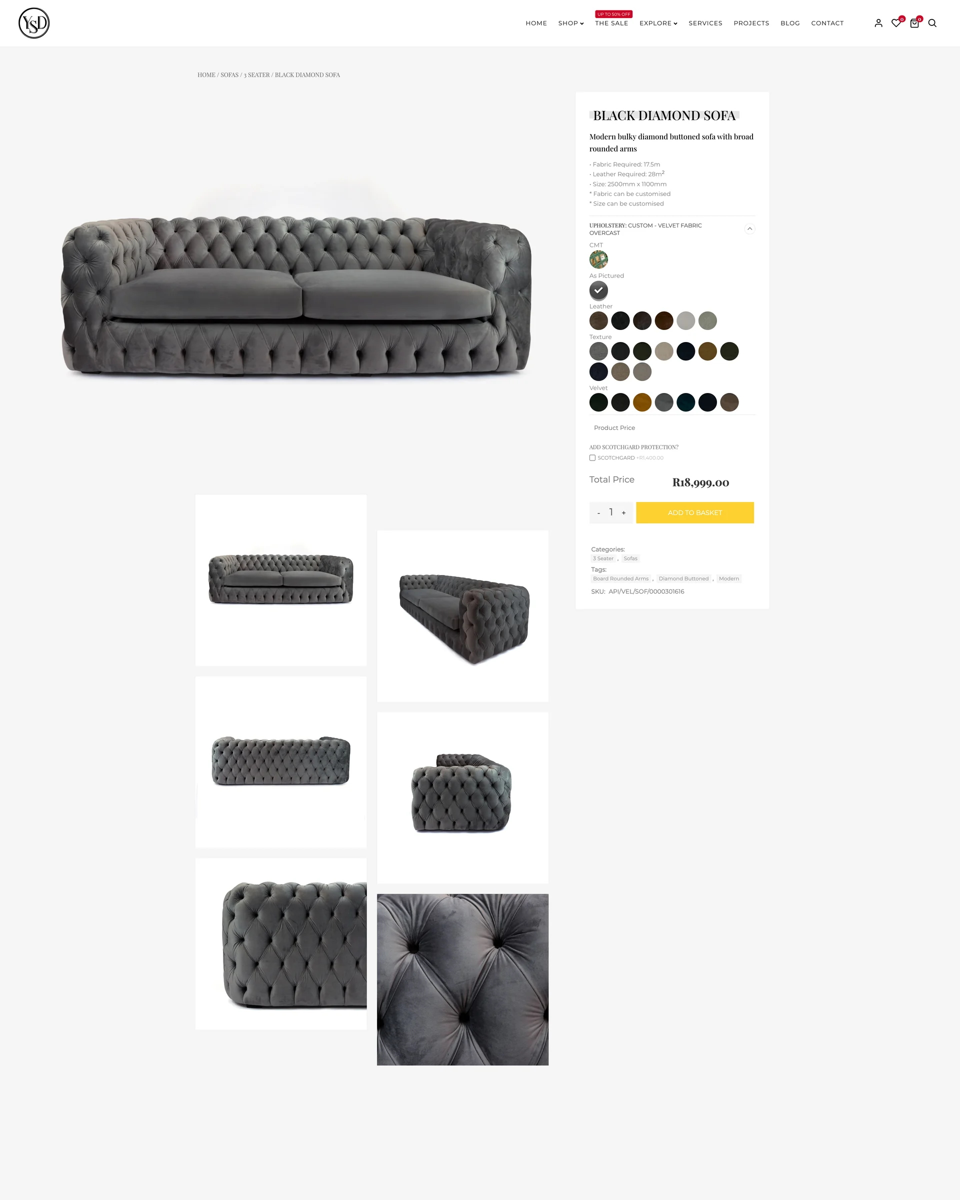 The shop on a phone on marble: sofas on white, yellow View Product buttons.